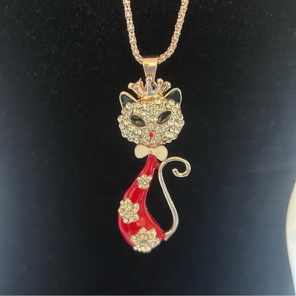 Betsey Johnson Crystal Jewel Incrusted Cat Pendant Necklace - Picture 1 of 5